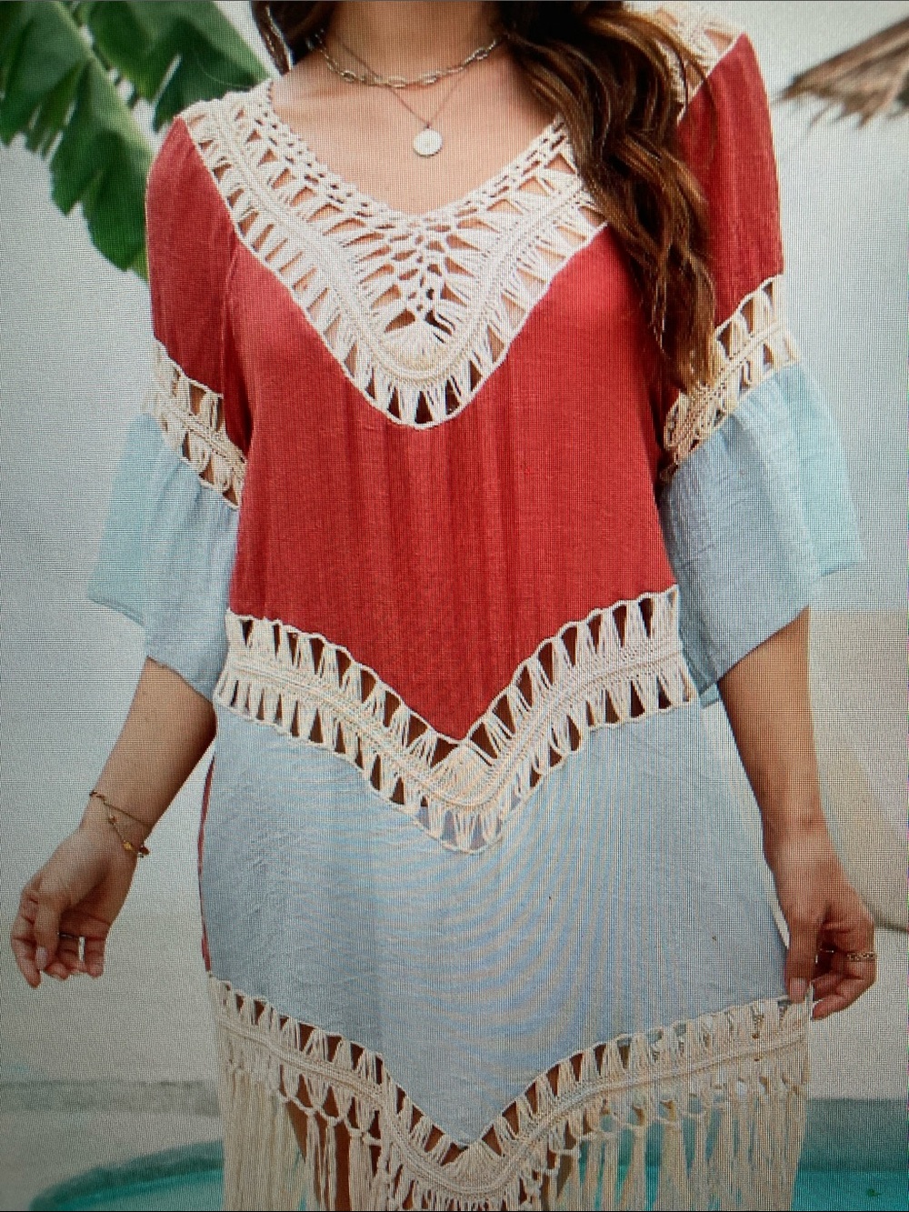 Women’s Crochet-Trim Swim Cover-Up in Coral and Light Blue